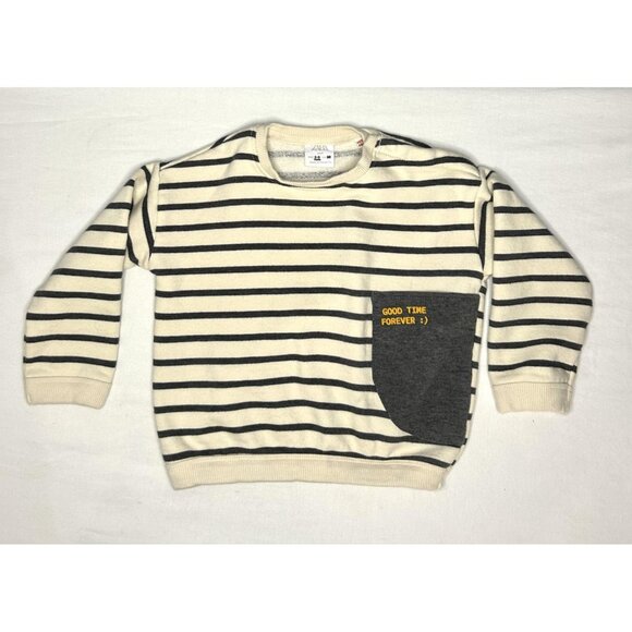 Zara Baby Sweater Toddler Boys 2-3 Years Cream Grey Stripe Good Time Pullover - Picture 1 of 9